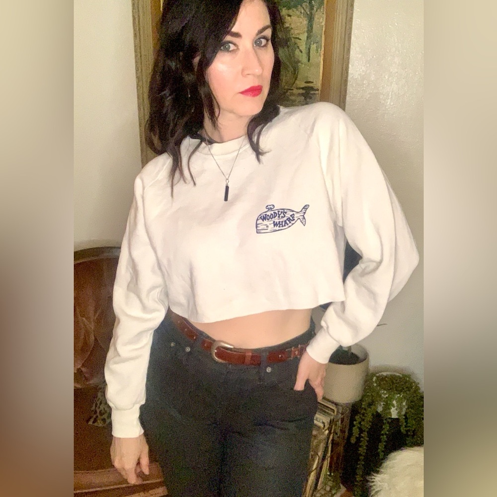 Vintage Jerzees White Cropped Long-Sleeve Sweatshirt
